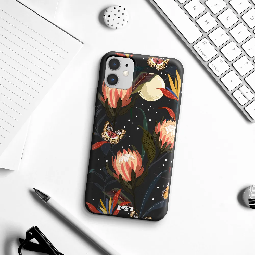 Moon Butterfly Flower Apple iPhone 11 Silicone black Case