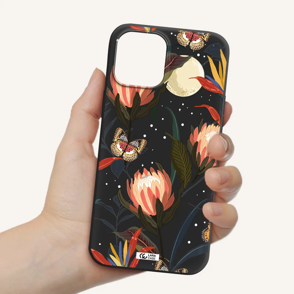 Moon Butterfly Flower Apple iPhone 12 pro Silicone black Case