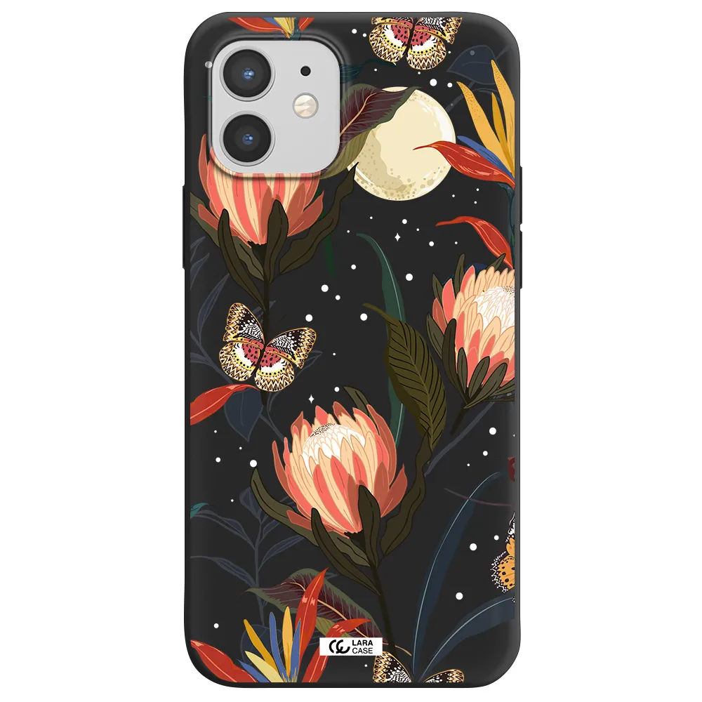 Moon Butterfly Flower Apple iPhone 12 Silicone black Case