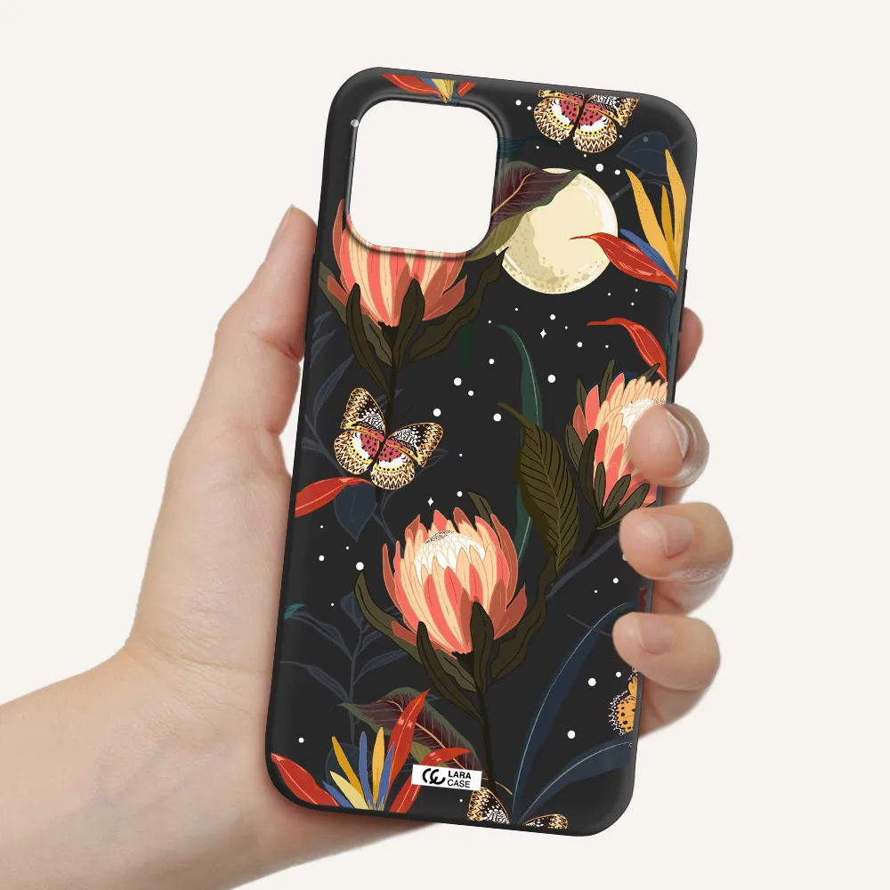 Moon Butterfly Flower Apple iPhone 12 Silicone black Case