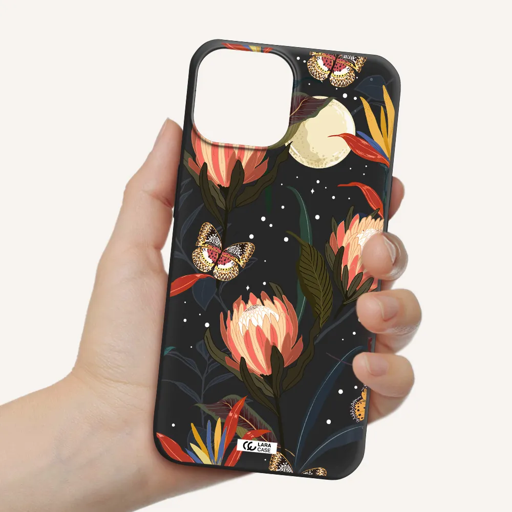 Moon Butterfly Flower Apple iPhone 13 mini Silicone black Case