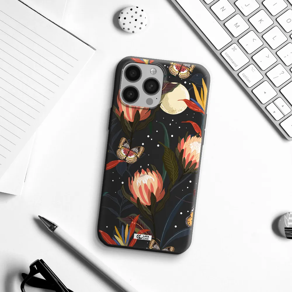 Moon Butterfly Flower Apple iPhone 13 Pro Max Silicone black Case