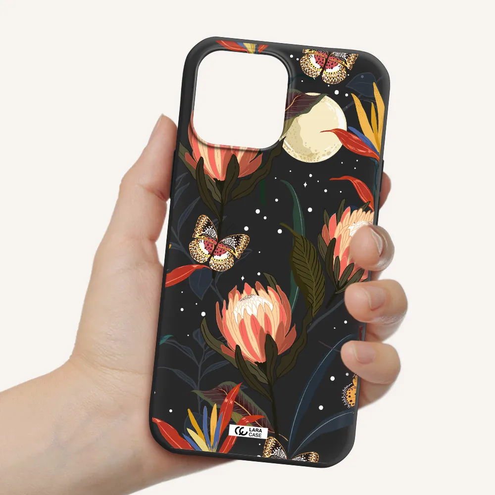 Moon Butterfly Flower Apple iPhone 13 Pro Silicone black Case