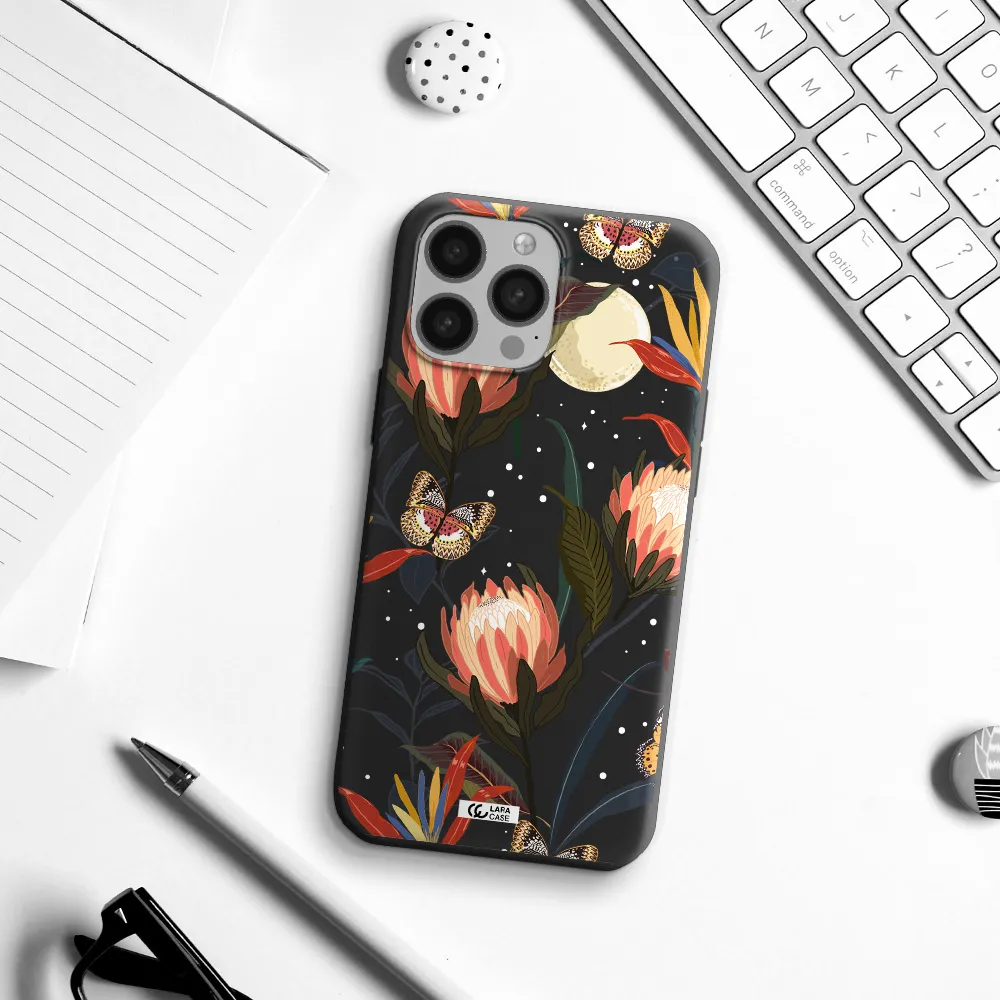 Moon Butterfly Flower Apple iPhone 13 Pro Silicone black Case