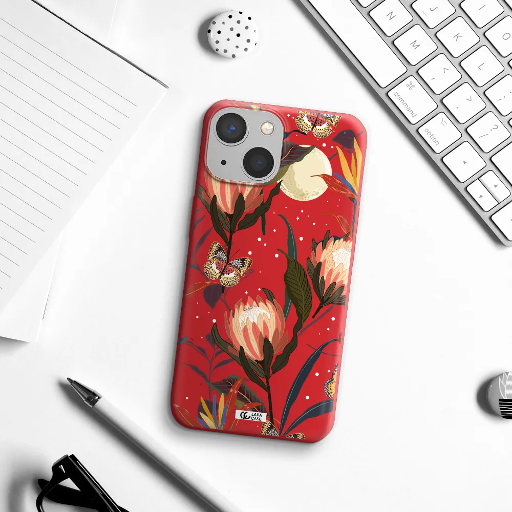 Moon Butterfly Flower Apple iPhone 13 Silicone Imperial Red Case
