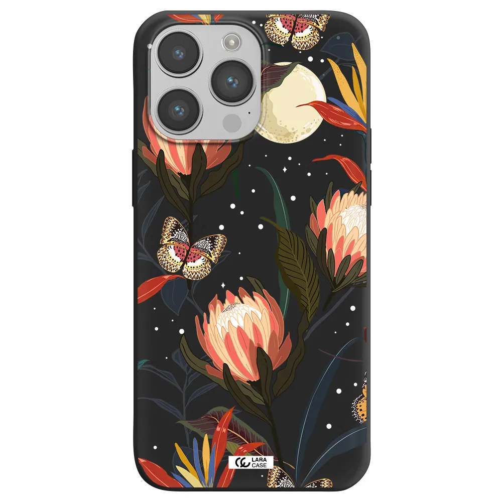 Moon Butterfly Flower Apple iPhone 14 pro max Silicone black Case