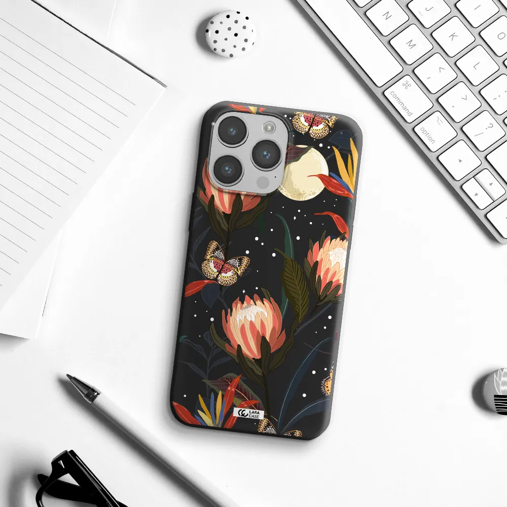 Moon Butterfly Flower Apple iPhone 14 pro max Silicone black Case
