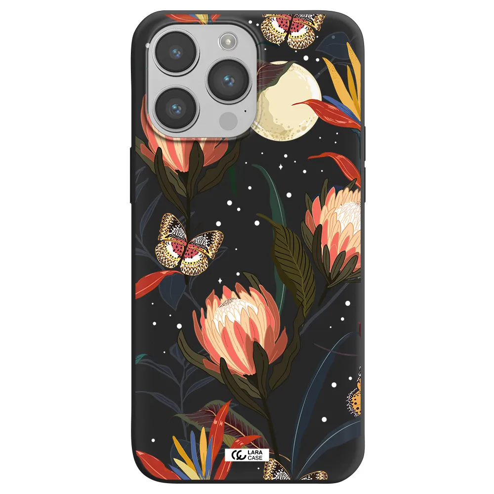 Moon Butterfly Flower Apple iPhone 14 pro Silicone black Case