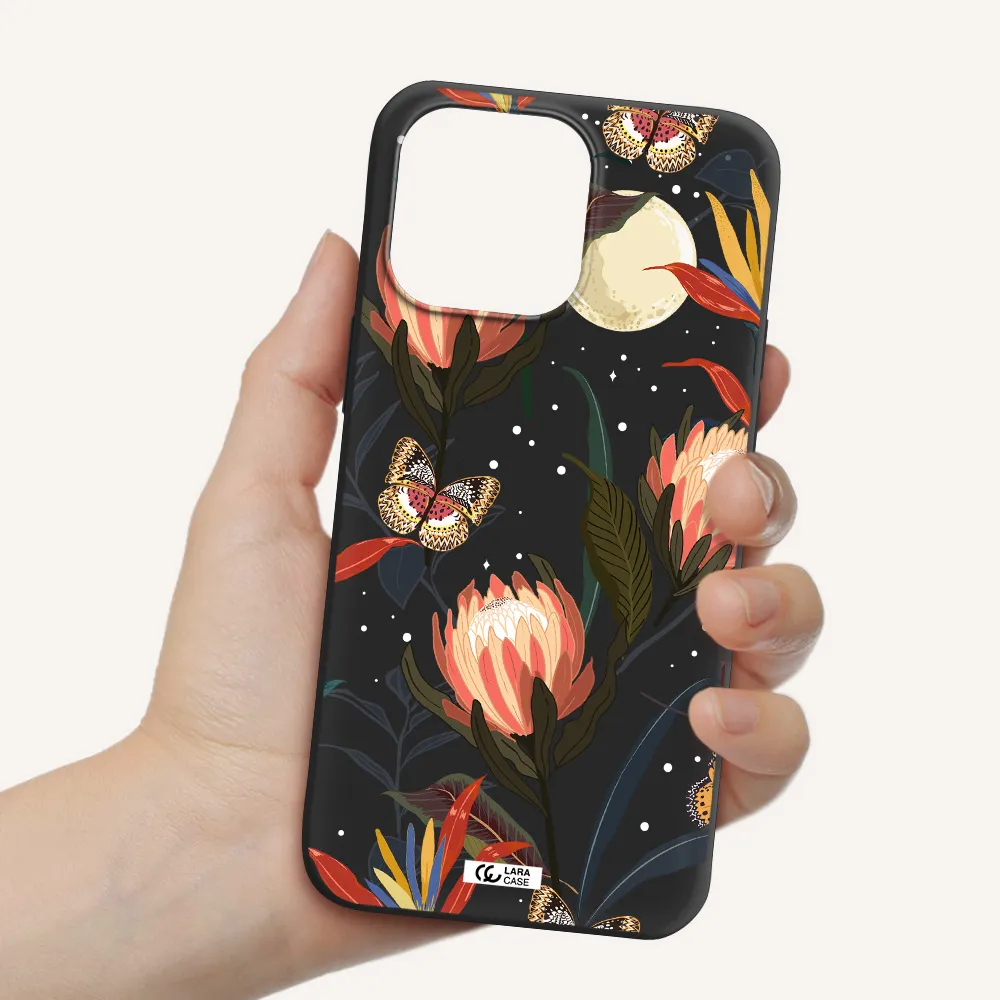 Moon Butterfly Flower Apple iPhone 14 pro Silicone black Case