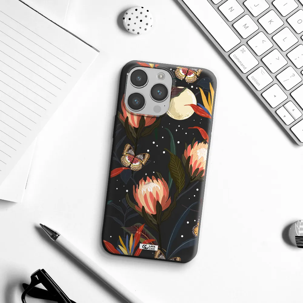 Moon Butterfly Flower Apple iPhone 14 pro Silicone black Case