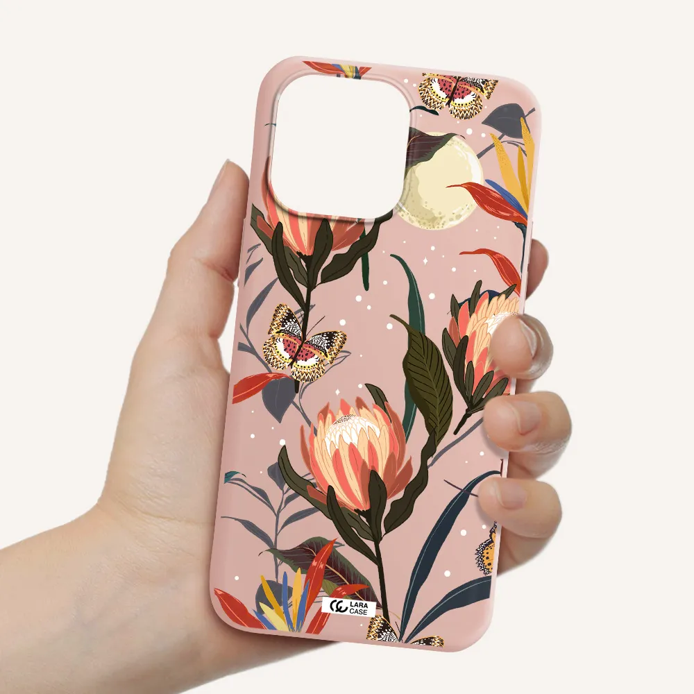 Moon Butterfly Flower Apple iPhone 14 pro Silicone pastel pink Case