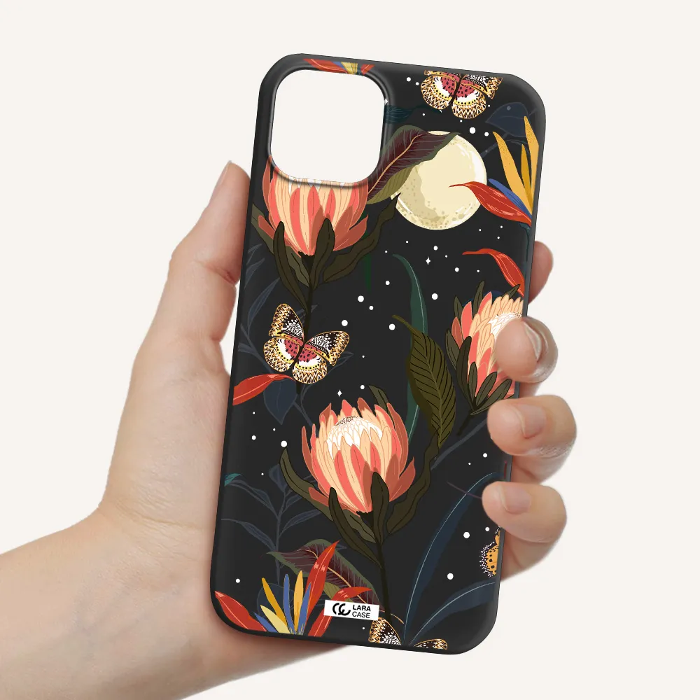 Moon Butterfly Flower Apple iPhone 14 Silicone black Case