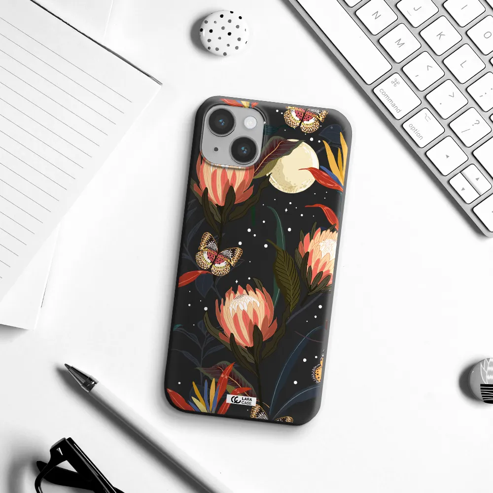 Moon Butterfly Flower Apple iPhone 14 Silicone black Case