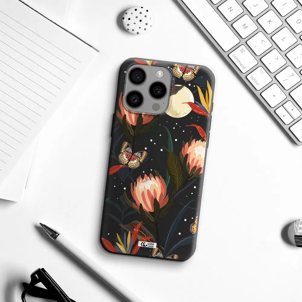Moon Butterfly Flower Apple Iphone 15 Pro max Silicone black Case