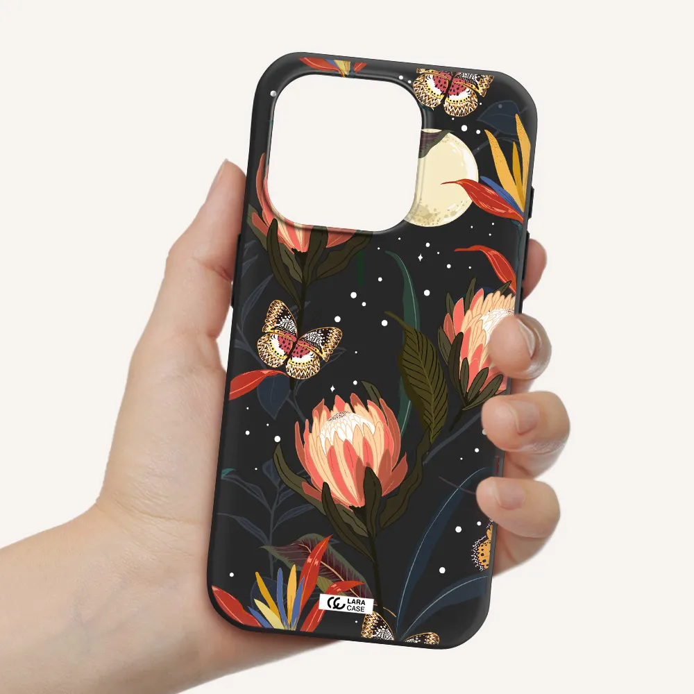 Moon Butterfly Flower Apple Iphone 15 Pro Silicone Black Case