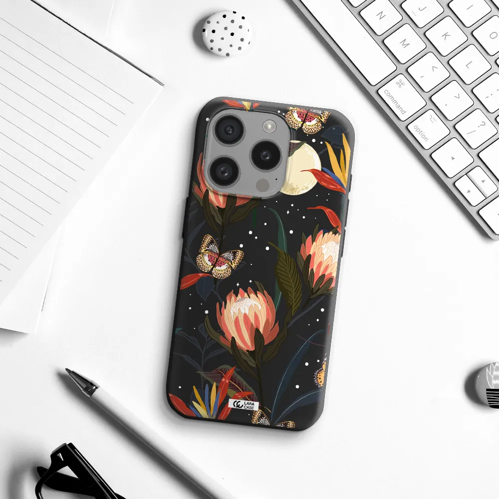 Moon Butterfly Flower Apple Iphone 15 Pro Silicone Black Case