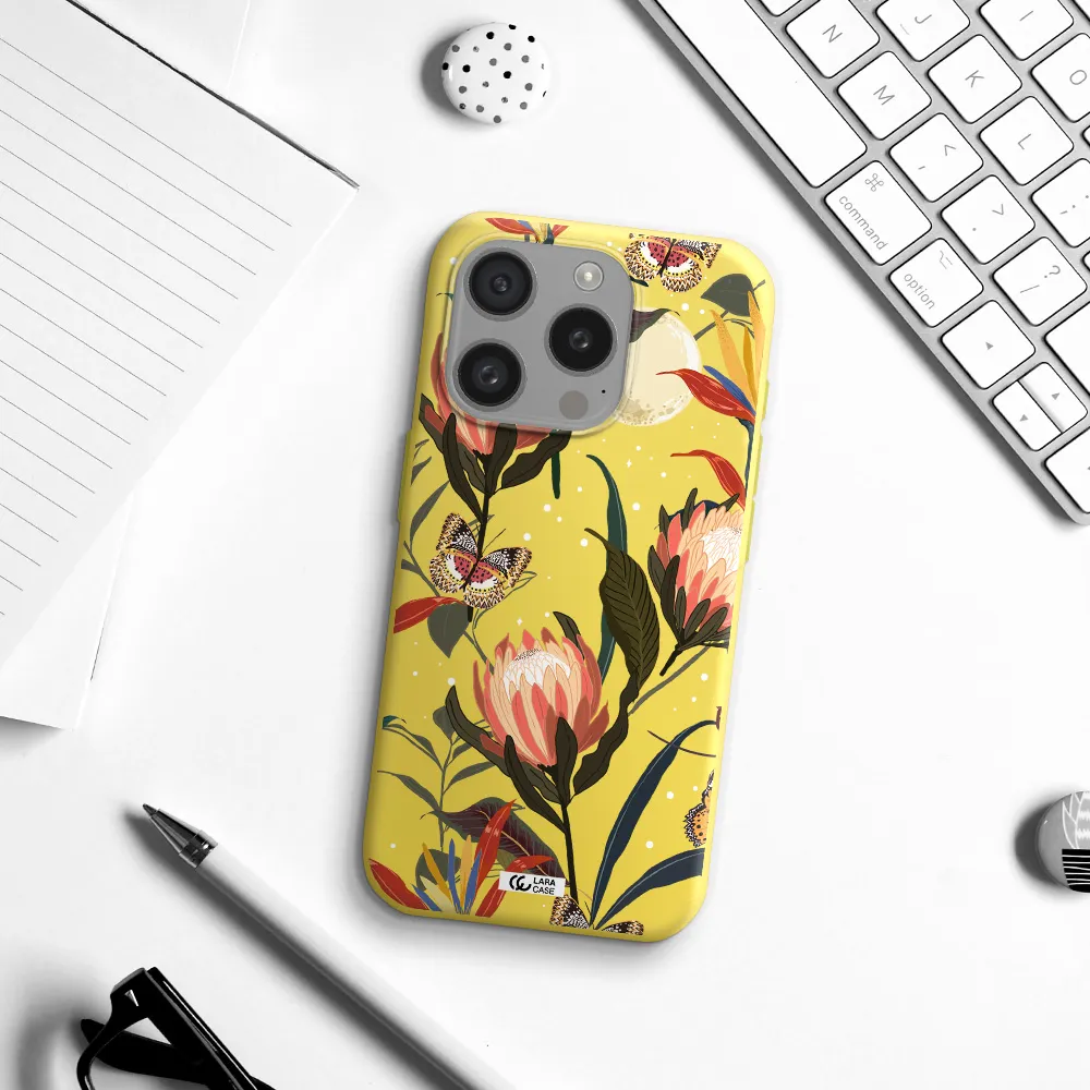 Moon Butterfly Flower Apple Iphone 15 Pro Silicone Canary Yellow Case