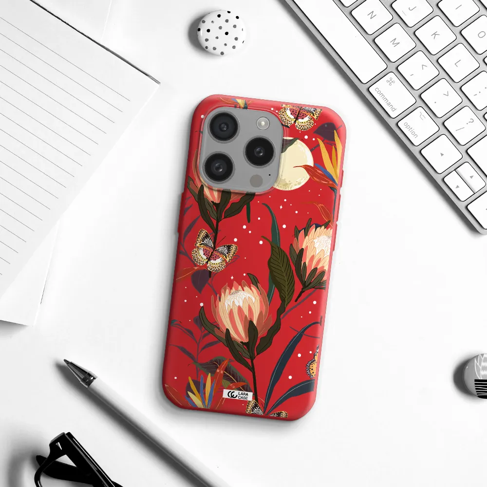Moon Butterfly Flower Apple Iphone 15 Pro Silicone Imperial Red Case