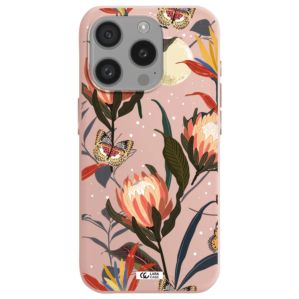 Moon Butterfly Flower Apple Iphone 15 Pro Silicone Pastel Pink Case