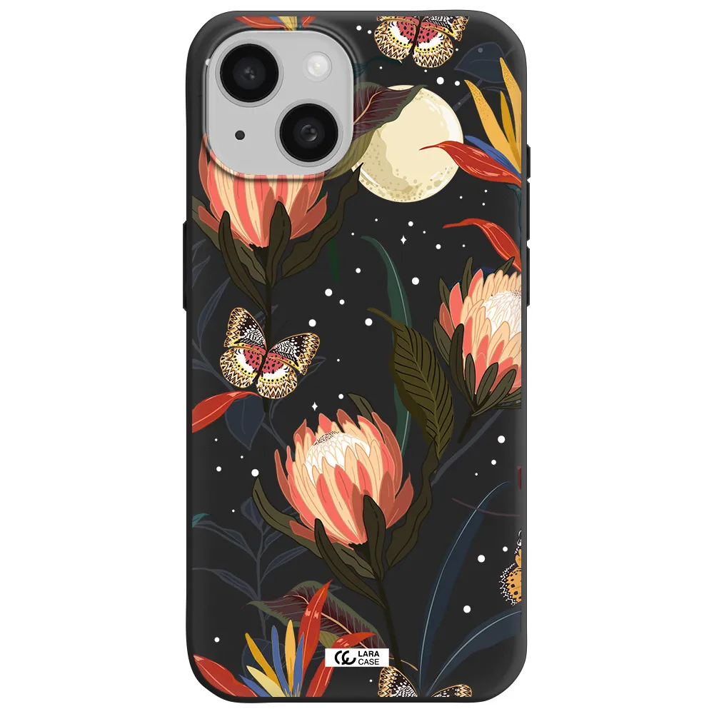 Moon Butterfly Flower Apple iPhone 15 Silicone black Case