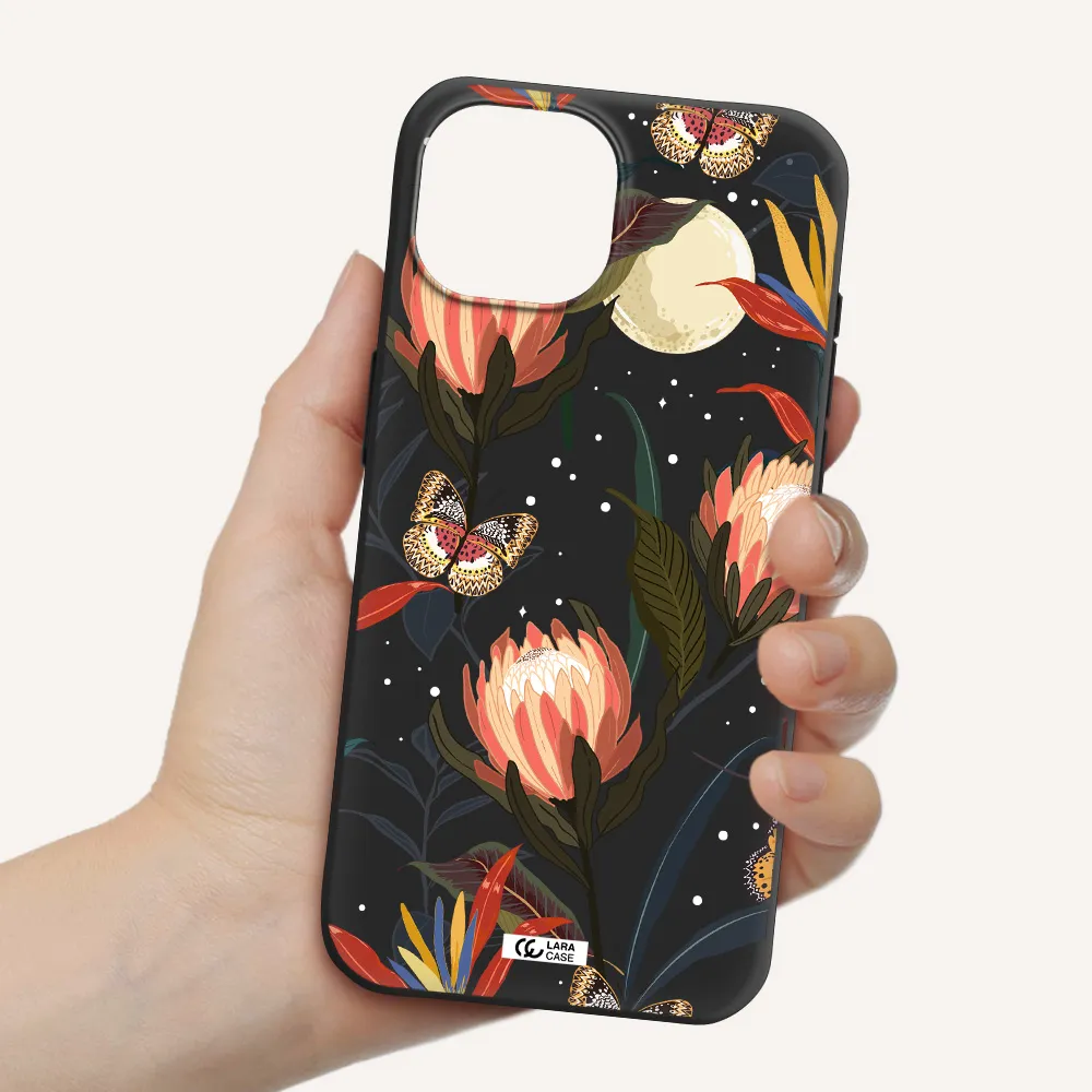 Moon Butterfly Flower Apple iPhone 15 Silicone black Case