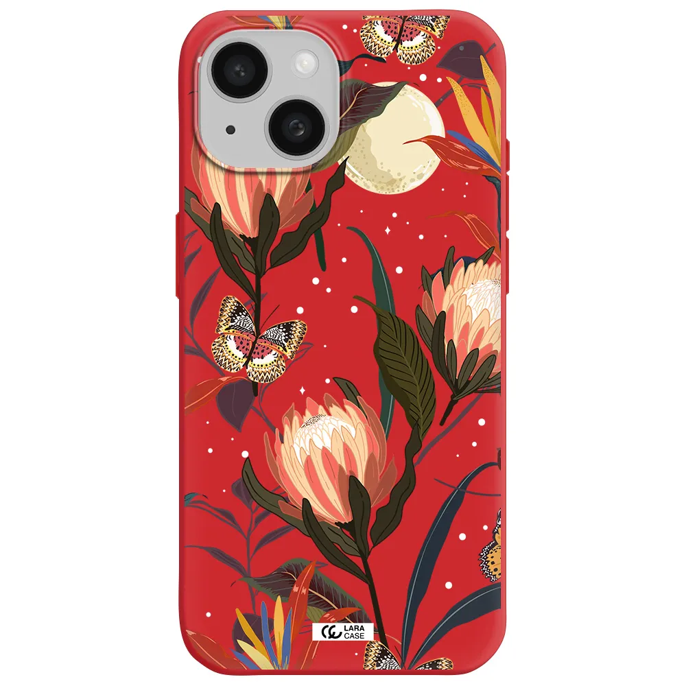 Moon Butterfly Flower Apple Iphone 15 Silicone Imperial Red Case