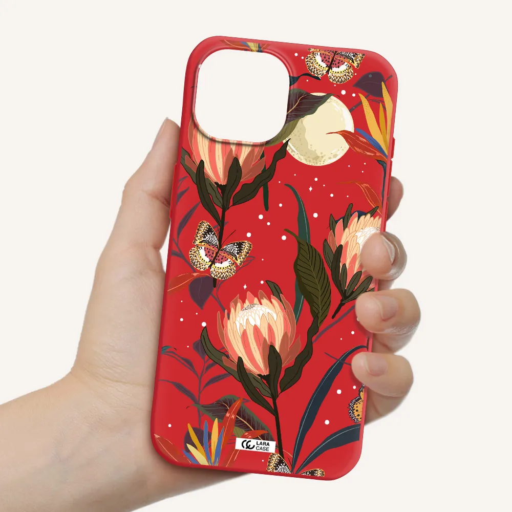 Moon Butterfly Flower Apple Iphone 15 Silicone Imperial Red Case