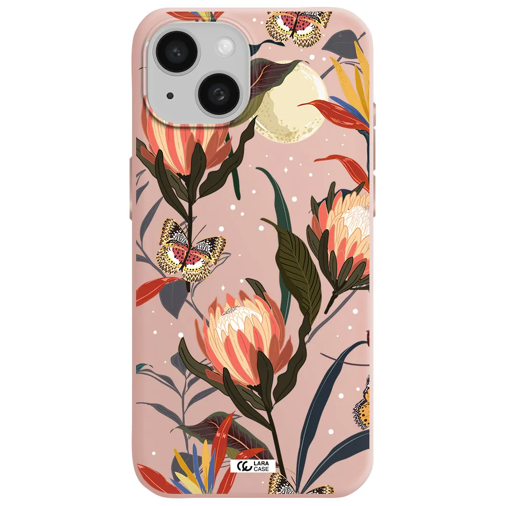 Moon Butterfly Flower Apple Iphone 15 Silicone Pastel Pink Case