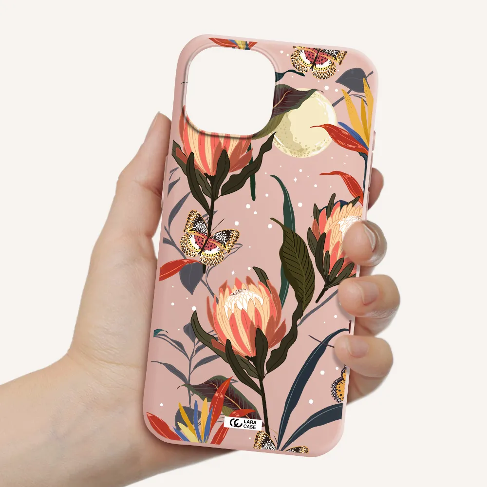 Moon Butterfly Flower Apple Iphone 15 Silicone Pastel Pink Case