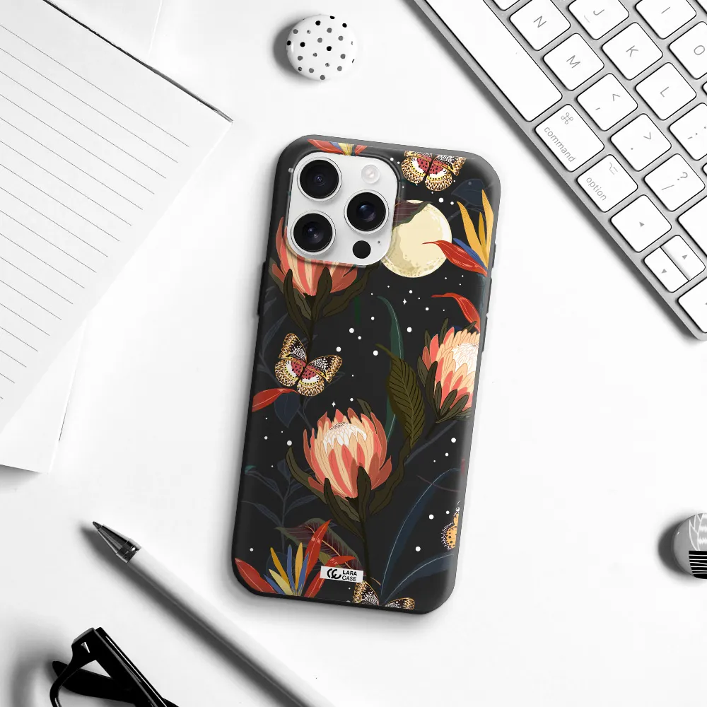 Moon Butterfly Flower Apple Iphone 16 Pro Max Silicone Black Case