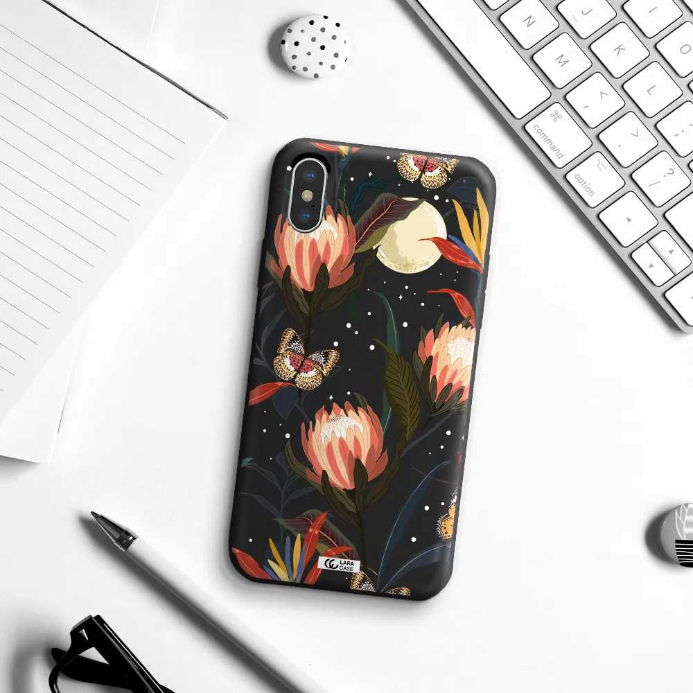 Moon Butterfly Flower Apple iPhone X Silicone black Case