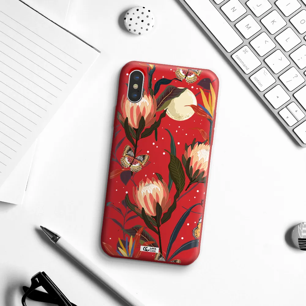 Moon Butterfly Flower Apple iPhone XS Silicone Imperial Red Case