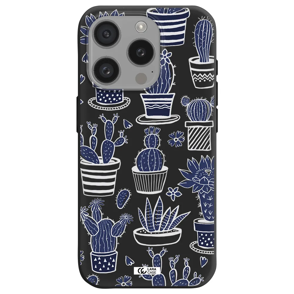 Blue Cactus Apple Iphone 15 Pro Silicone Black Case