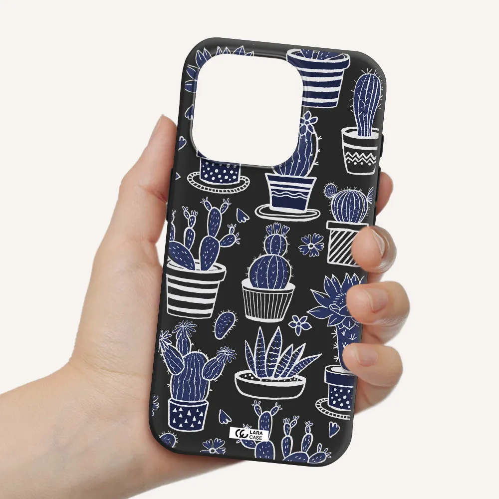 Blue Cactus Apple Iphone 15 Pro Silicone Black Case