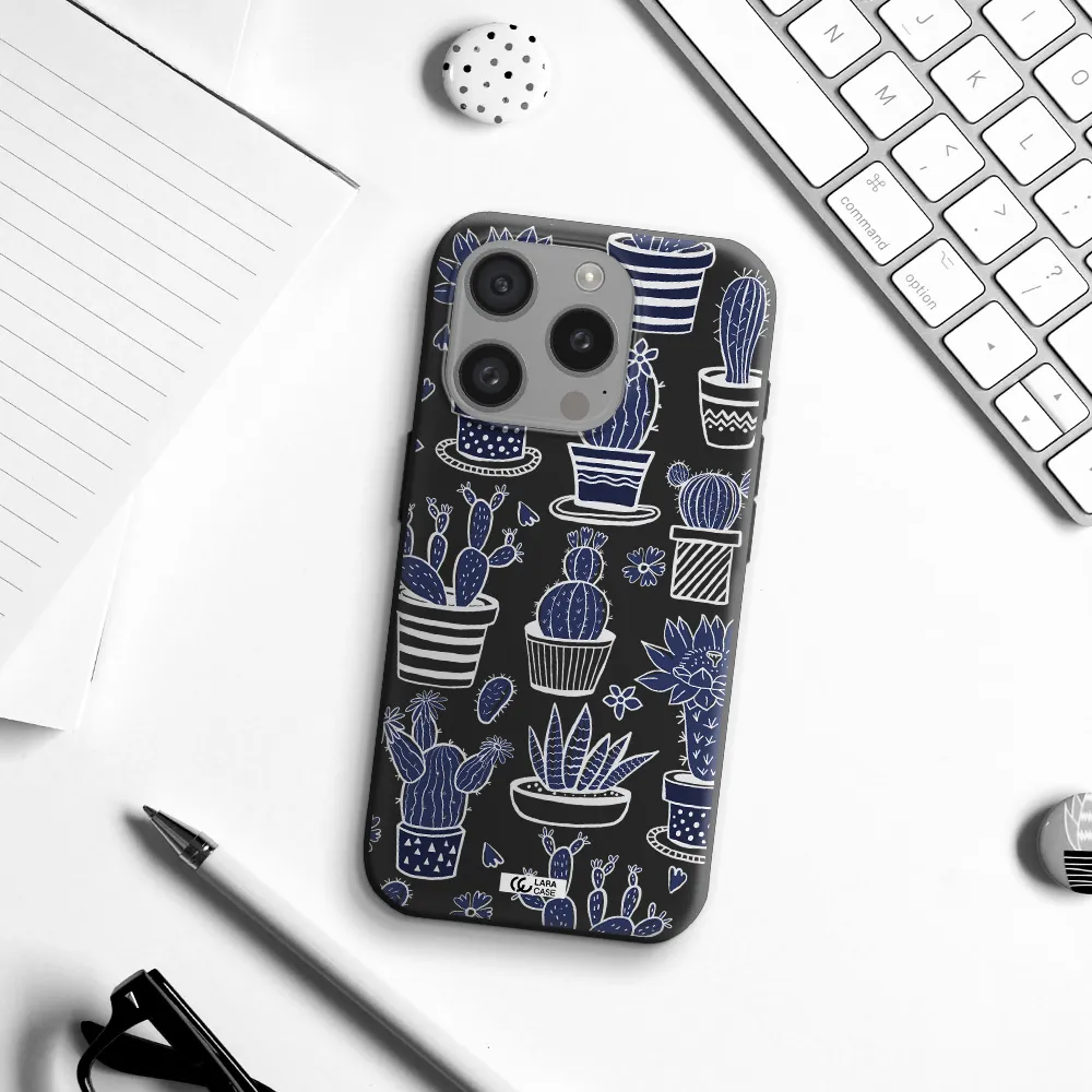 Blue Cactus Apple Iphone 15 Pro Silicone Black Case