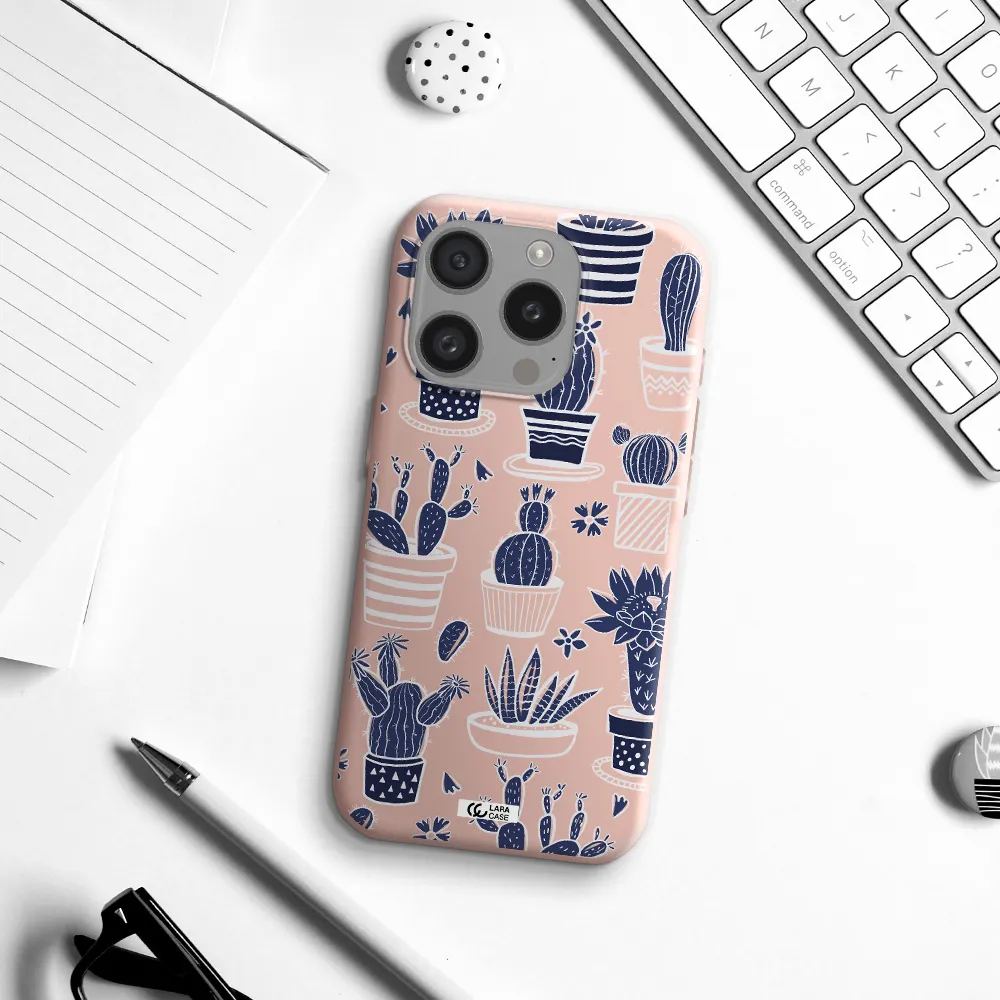 Blue Cactus Apple Iphone 15 Pro Silicone Pastel Pink Case