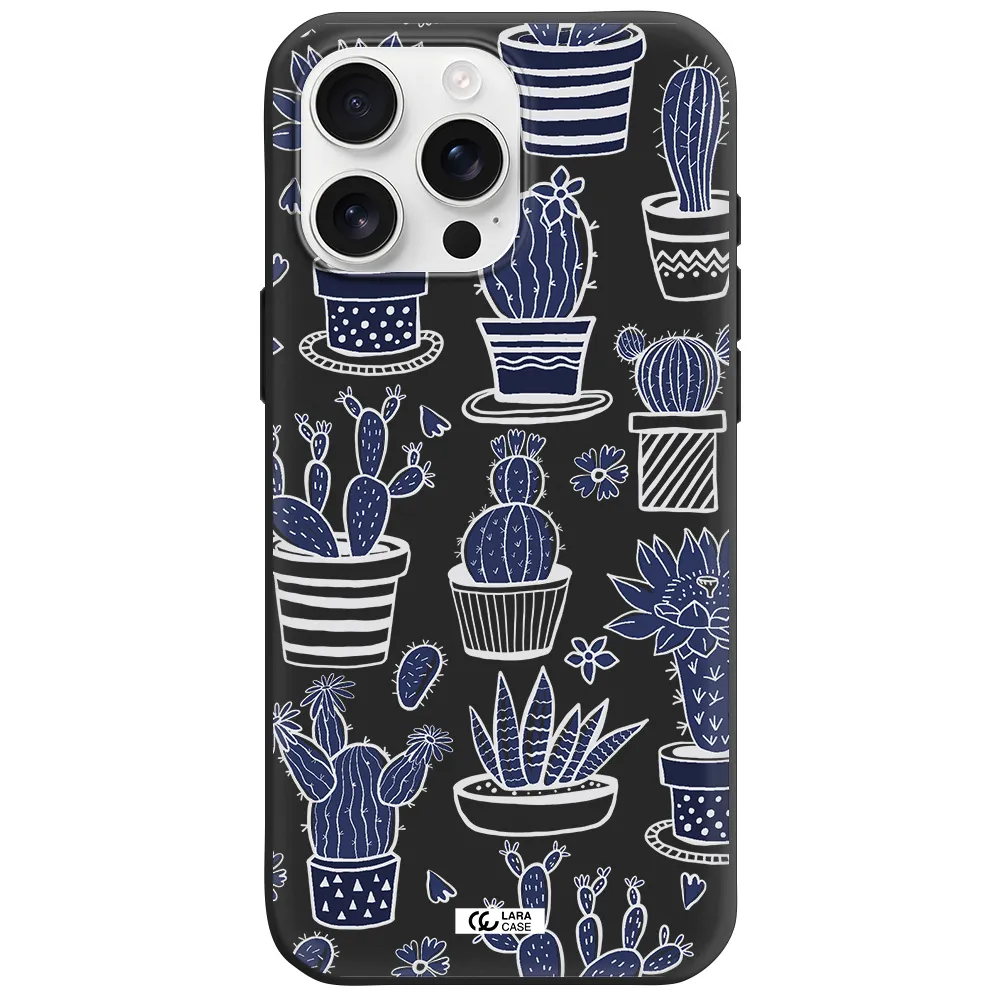 Blue Cactus Apple Iphone 16 Pro Max Silicone Black Case