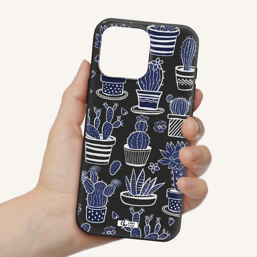 Blue Cactus Apple Iphone 16 Pro Max Silicone Black Case