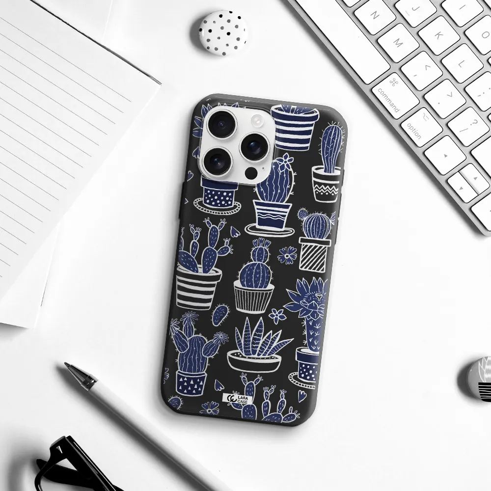 Blue Cactus Apple Iphone 16 Pro Max Silicone Black Case