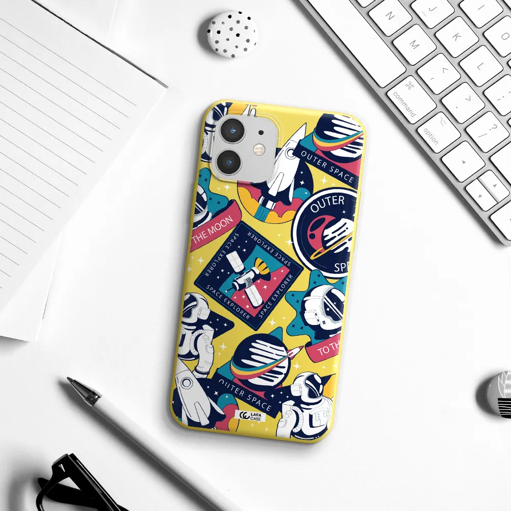 Astronaut Stickers Apple iPhone 12 Silicone canary yellow Case