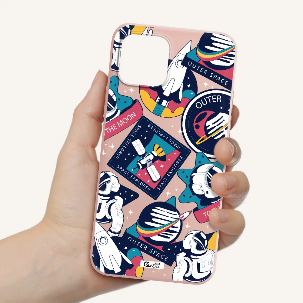 Astronaut Stickers Apple iPhone 12 Silicone pastel pink Case