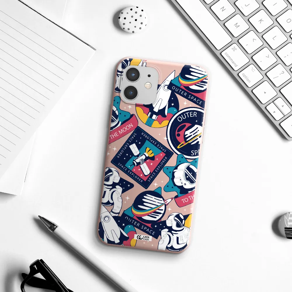 Astronaut Stickers Apple iPhone 12 Silicone pastel pink Case