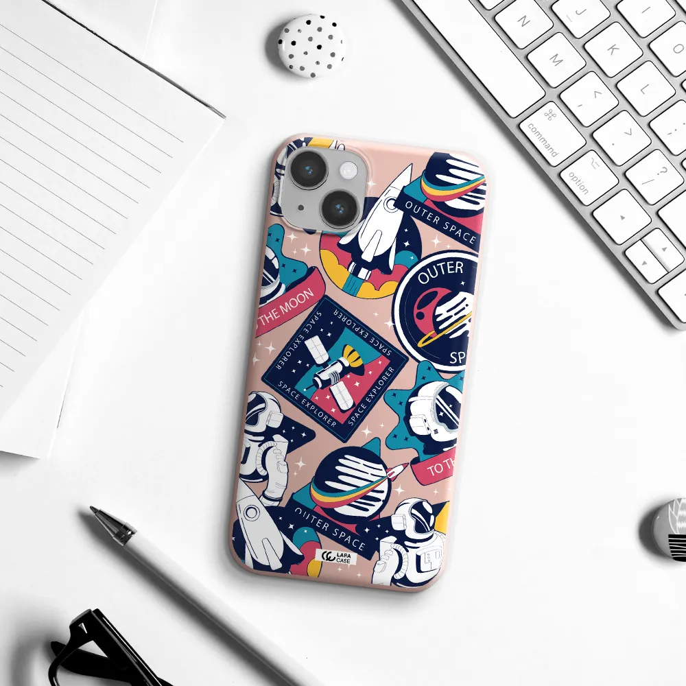 Astronaut Stickers Apple iPhone 14 plus Silicone pastel pink Case