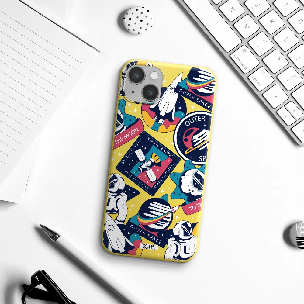 Astronaut Stickers Apple iPhone 14 Silicone canary yellow Case