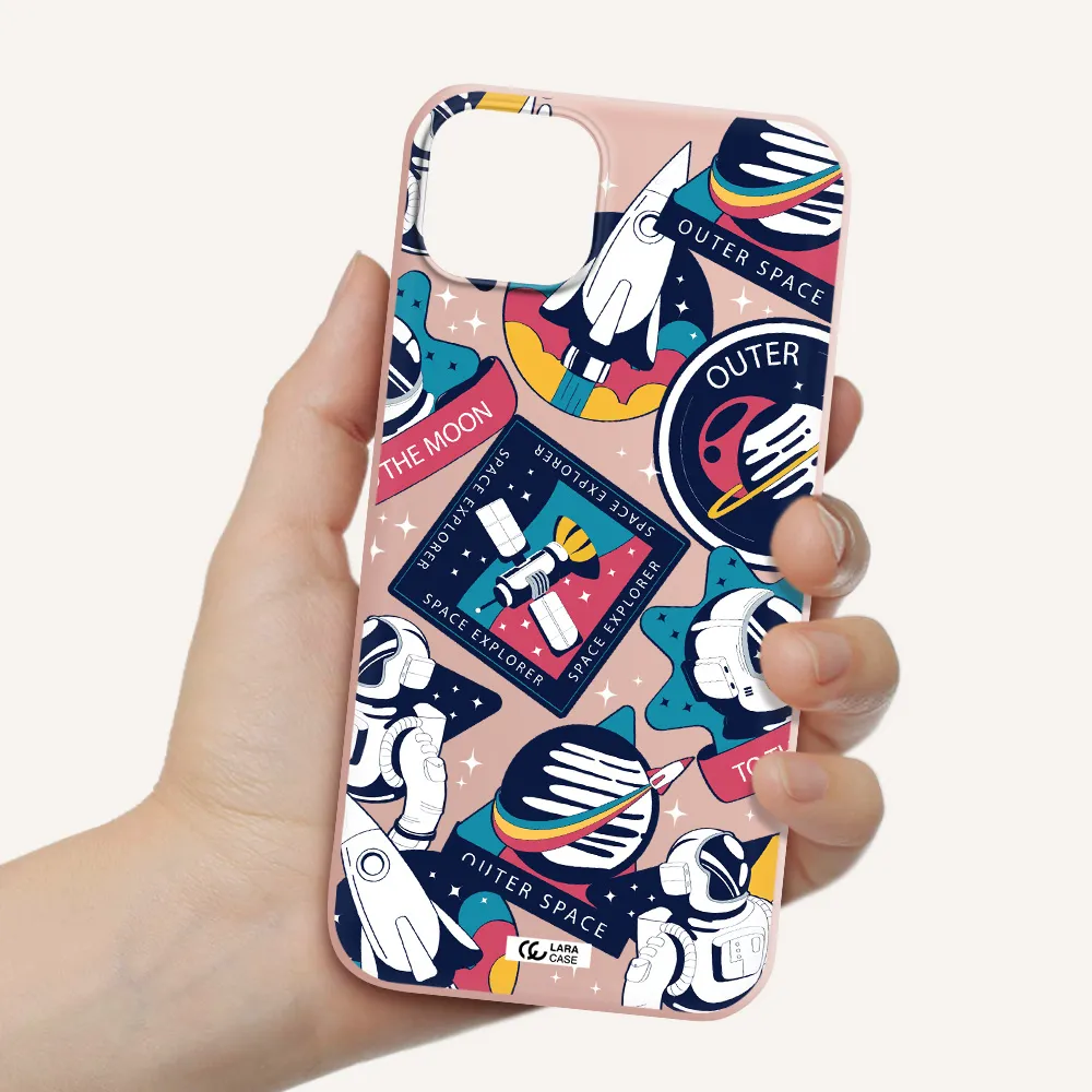 Astronaut Stickers Apple iPhone 14 Silicone pastel pink Case