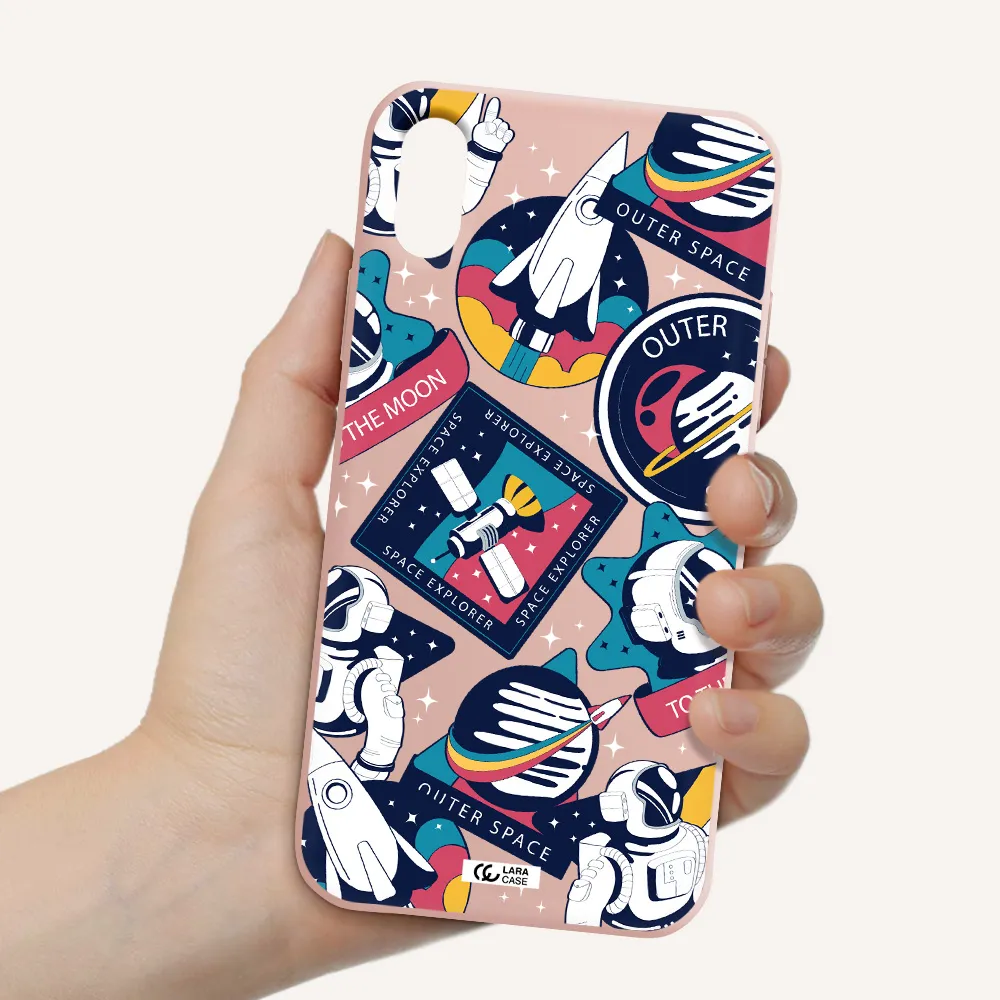 Astronaut Stickers Apple iPhone XS Silicone pastel pink Case