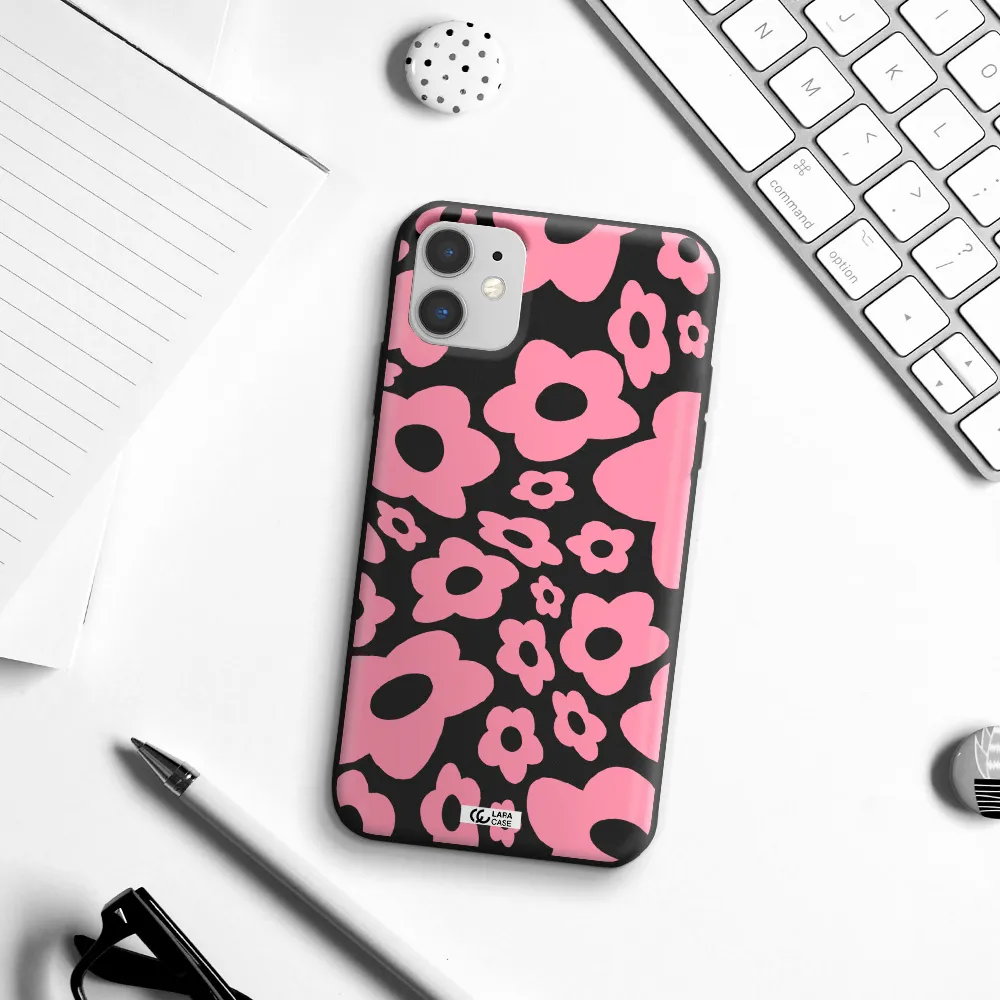 Five Petal Pink Flower Apple iPhone 11 Silicone black Case