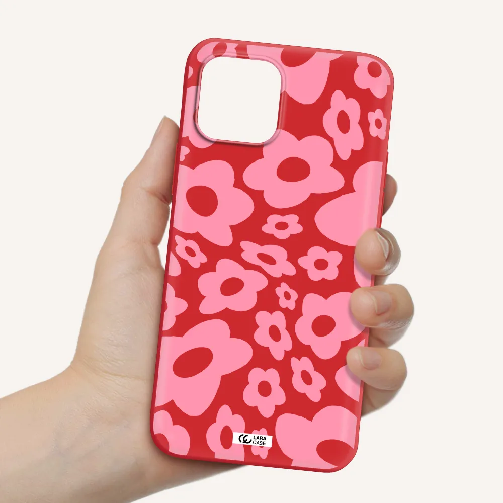 Five Petal Pink Flower Apple iPhone 12 Silicone Imperial Red Case