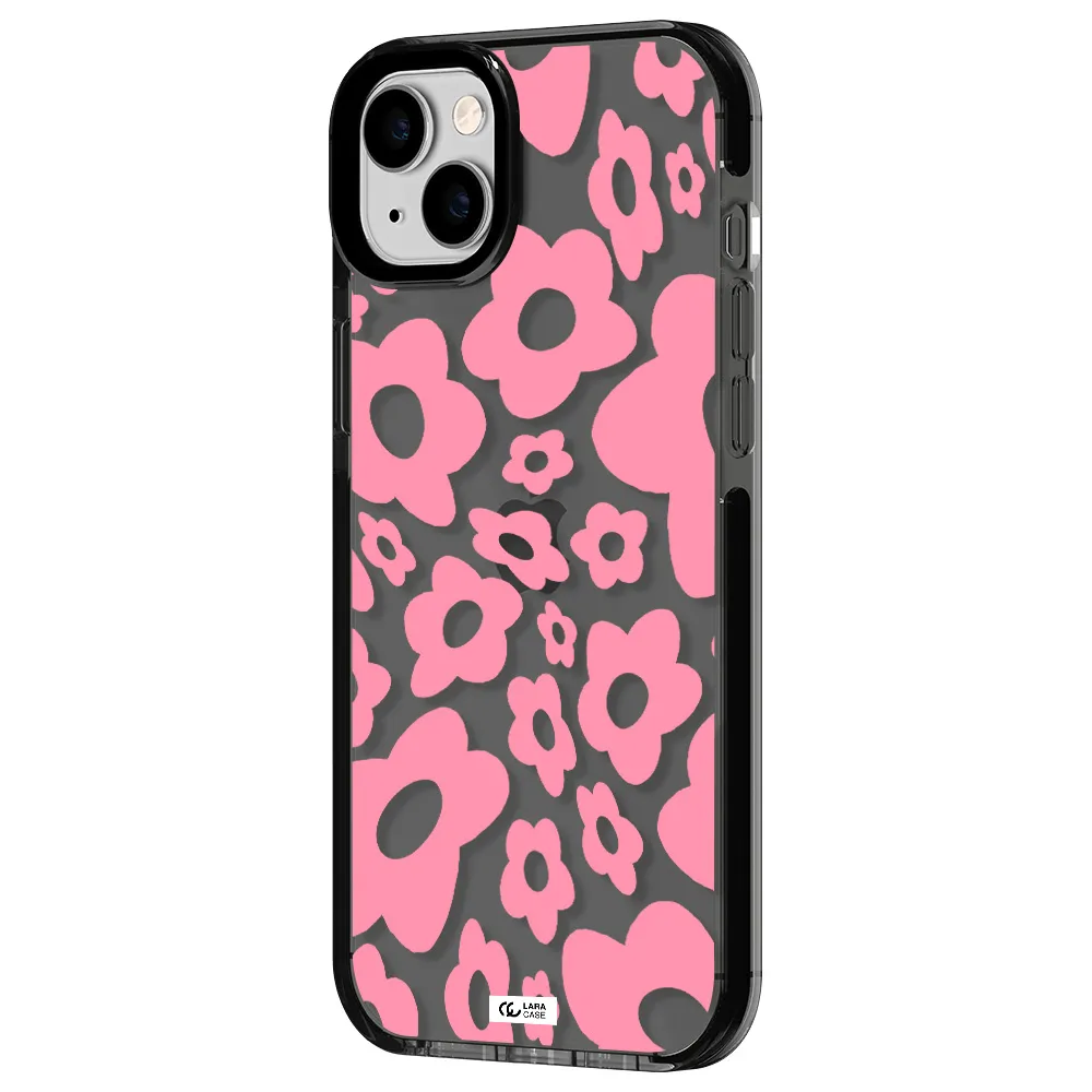 Five Petal Pink Flower Apple iPhone 14 plus impact Smoke Black Case