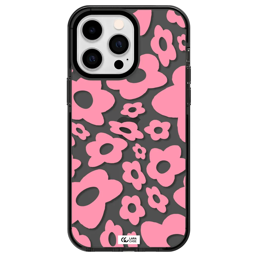 Five Petal Pink Flower Apple iPhone 14 pro max impact Smoke Black Case